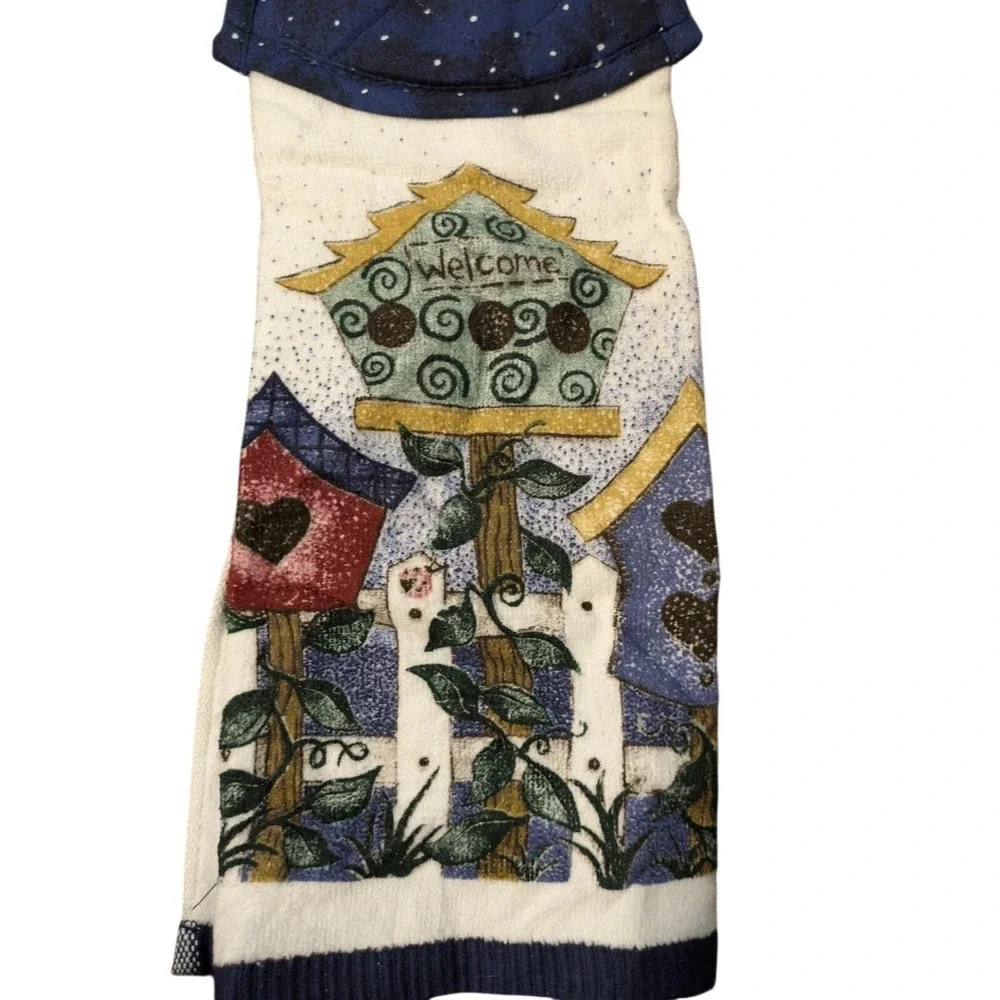 Vtg Hanging Kitchen Towel‎ Embroidered Birdhouse Welcome NOS Americana Country